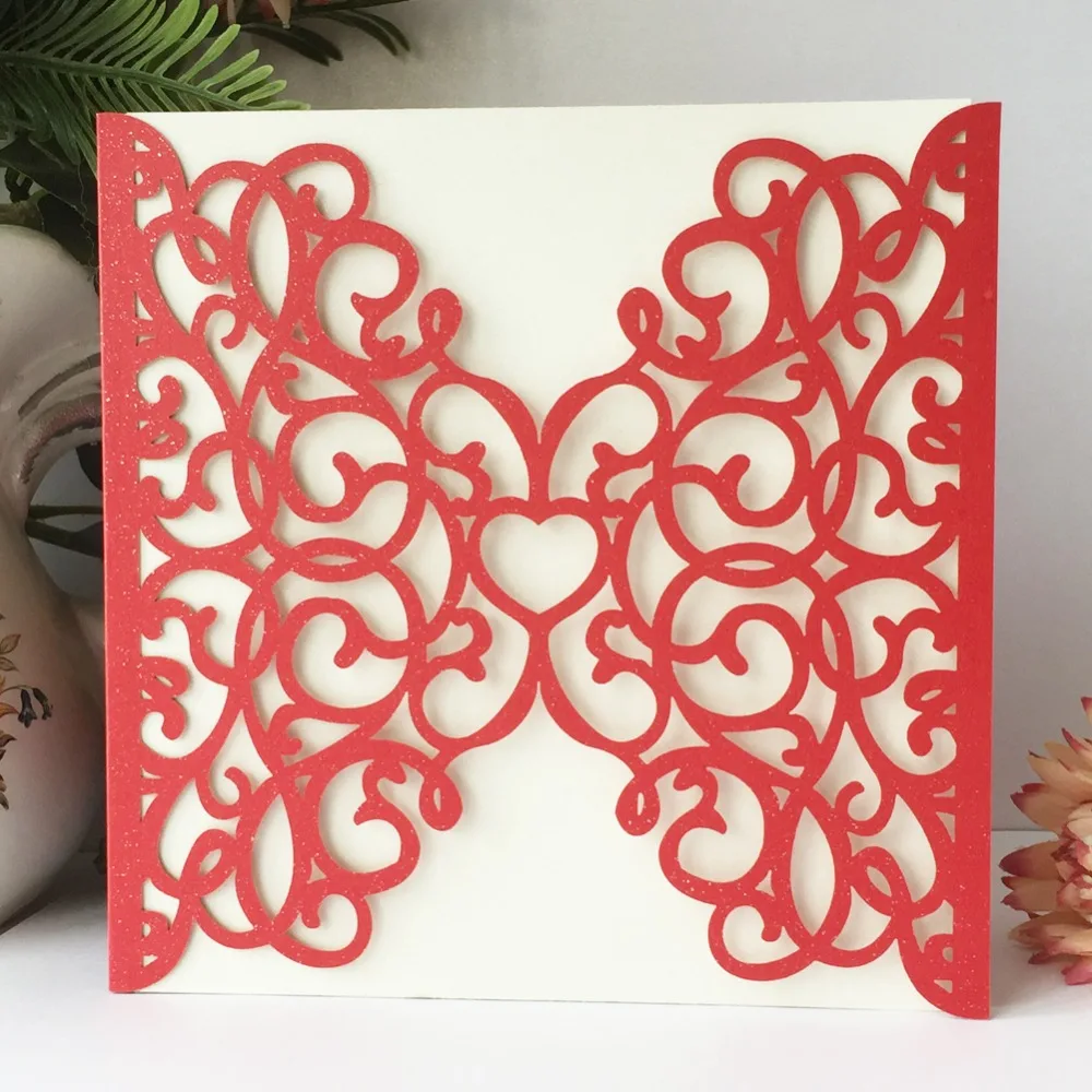 

50Pcs/Lot Western Style Laser Cut Carved Wedding Invitations Pearl Paper Square Birthday Party Invitation Wedding Card