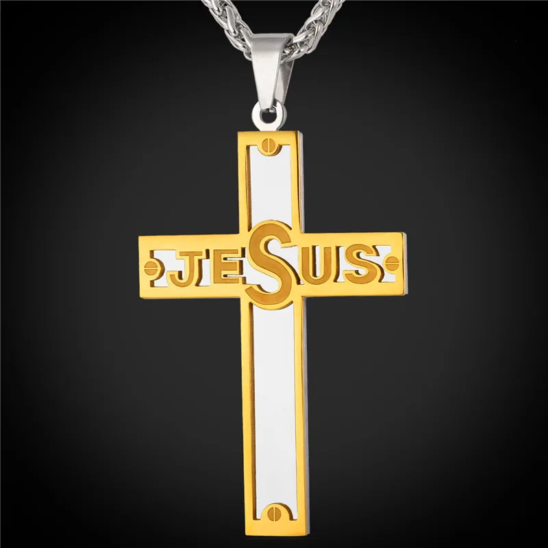 

JESUS Cross Pendant Necklace For Men Two Tone Gold Color/Stainless Steel Chain Religions Jewelry Christmas Gift GP1616