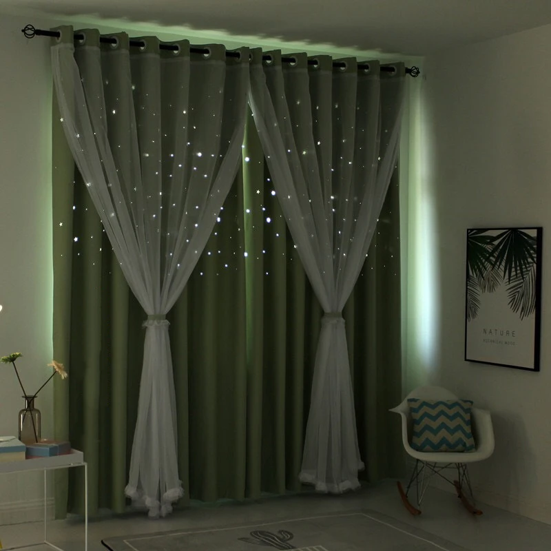 Hollow Star Blackout Curtains for Living Room Kids Bedroom Window Curtain Pink Double Layers Blinds Stitched With White Voile