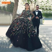 elegant black embroidery evening dress long sleeve formal dresses 2021 plus sizerobe de soiree v back celebrity pageant gowns