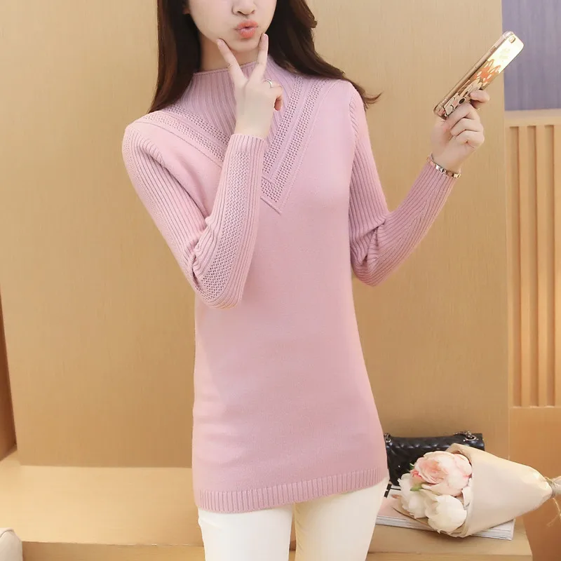 Свитер женский корейский однотонный с высоким воротником пуловер вырезами