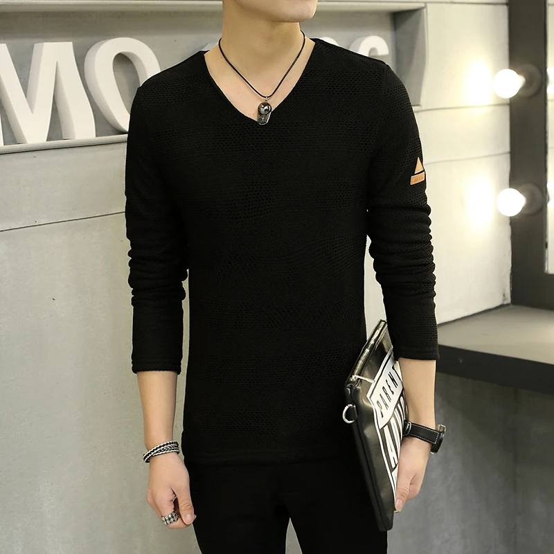 2019 Осенняя модная мужская футболка повседневная одежда с V-образным вырезом