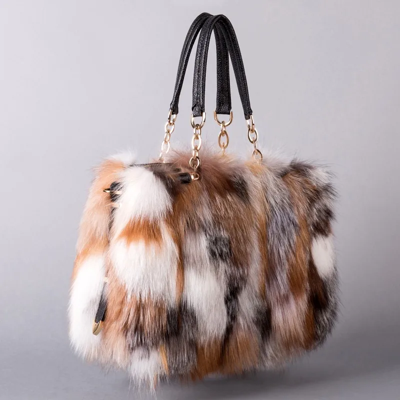 New Brand Girls Women Fashion Handbags Real Fur women Tote Bags Large Capacity Fox fur Chian Shoulder BagsTravel Bags 302