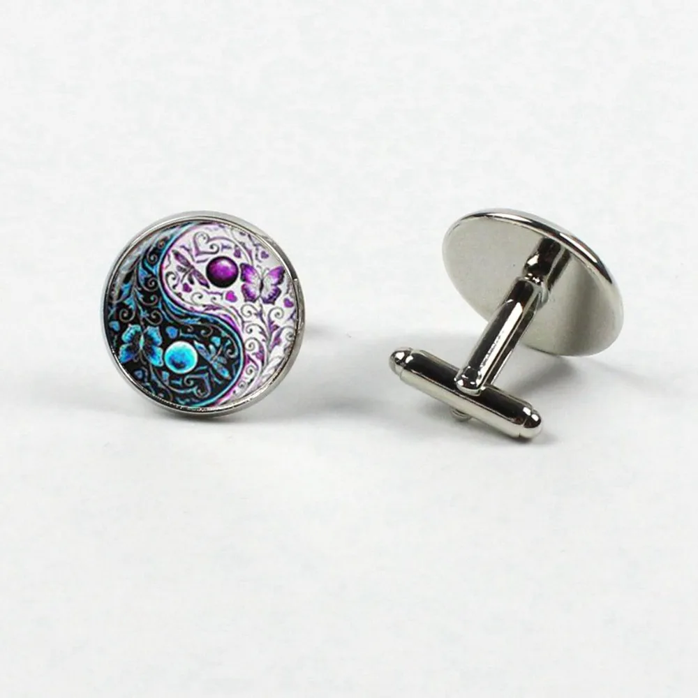 Стеклянные запонки кабошона 20 мм белые и черные с изображением Инь Ян ювелирные