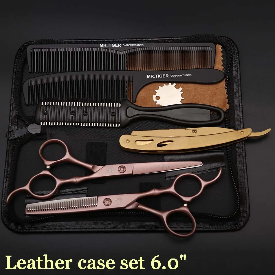 leather case set Япония Сталь 5,5 6,0 Профессиональный Парикмахерские ножницы набор ножниц для парикмахерской стрижки ножницы, ножницы стрижка - Цвет: leather case set