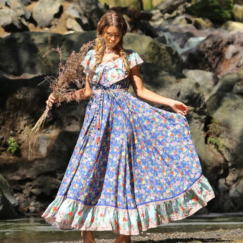 KHALEE YOSE Цыганское Платье макси с цветочным принтом женское ажурное платье