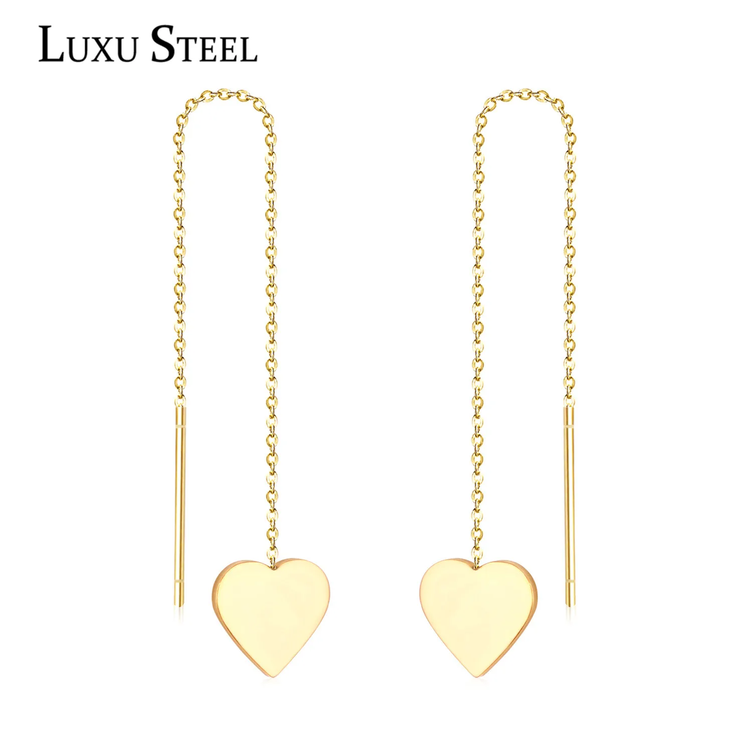 

LUXUSTEEL Heart Tassel Chains Drop Earrings Stainless Steel Minimalist Geometry Long Earring Collier Bijoux