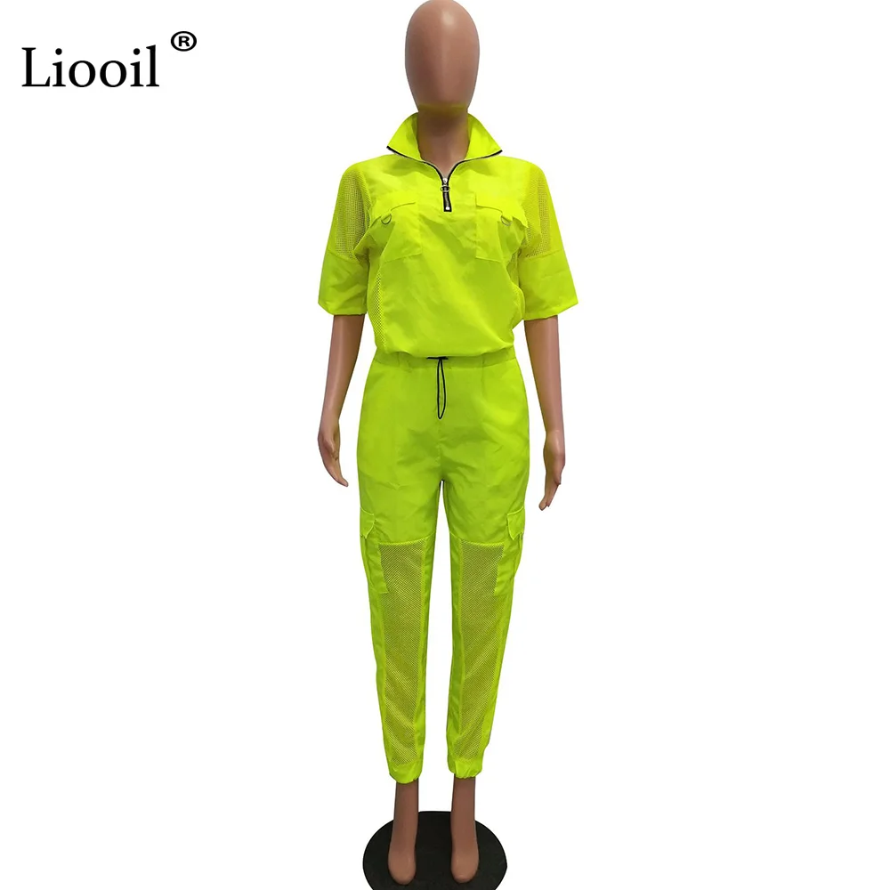 Liooil неоновый зеленый комплект из двух частей для активного отдыха, женский укороченный топ и длинные штаны,, модная новая сексуальная летняя Клубная одежда, спортивный Спортивный костюм