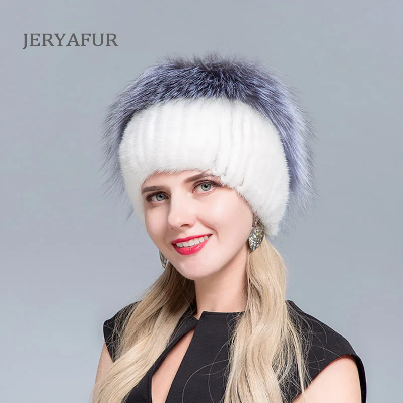 COLOR4 JERYAFUR модные зимние шляпы для женщин меховая шапка из натуральной норки Женская Лоскутная лиса мех смешанные цвета внутренняя вязка шапочки теплые Новые - Цвет: COLOR4