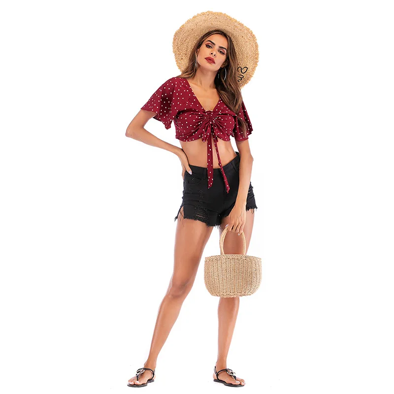 VNAURRY 2019 SummerCasual Short Cropped Pleated Polka Dot Top Chiffon Shirt |