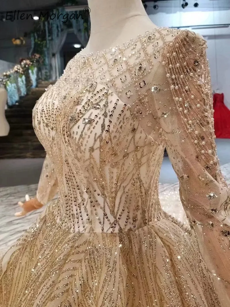 Luxury Glitter Vintage Gold Wedding Dresses Long Sleeves 2019 Sheer Boat Neck Sequins Beads Ball Gown Arabic Bride Gowns | Свадьбы и
