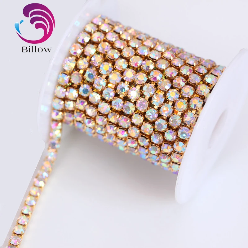 Стеклянная цепочка SS6 SS10 SS12 SS16 SS18 с кристаллами AB золотой основой для одежды