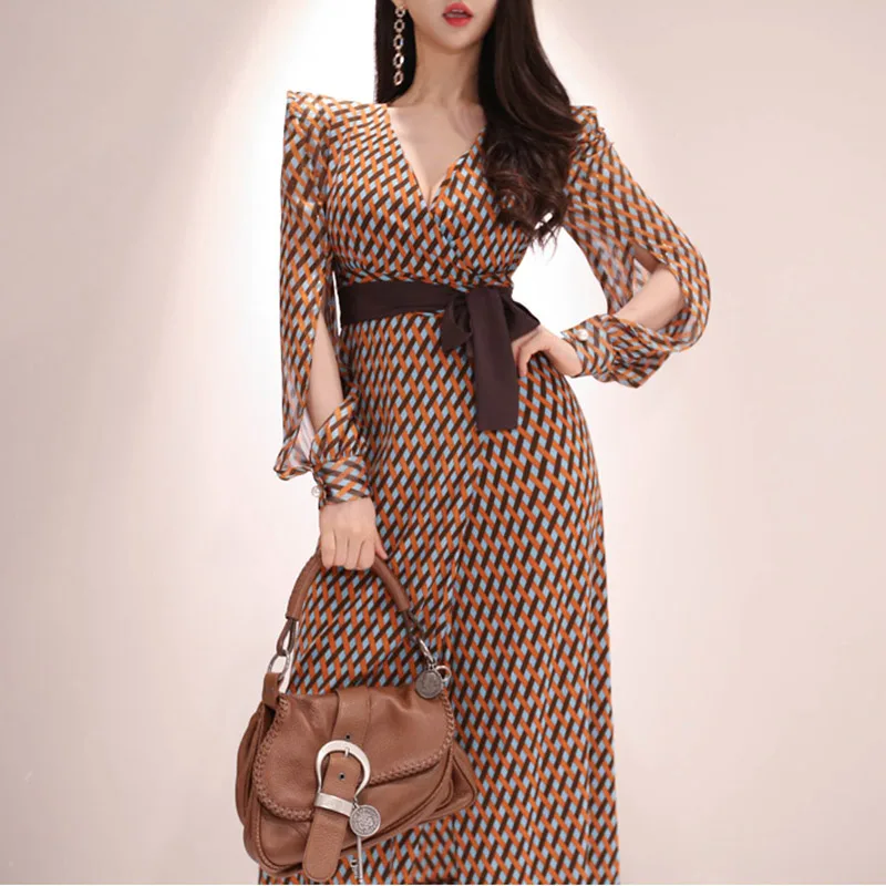 2019 New Summer Women Long dresslt Full Sleeve V-Neck Prevent Bask In Waist Split Dresses Cafe Orange 1905 | Женская одежда