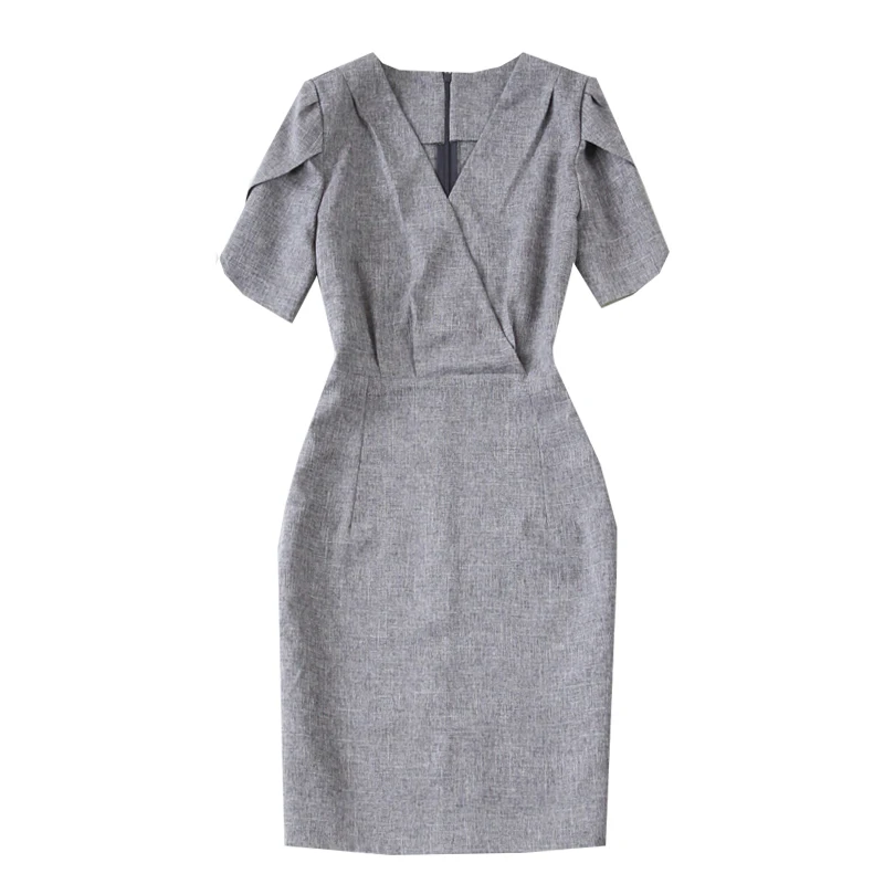 Женское платье новое весеннее и летнее модное однотонное дышащее тонкое серое с v