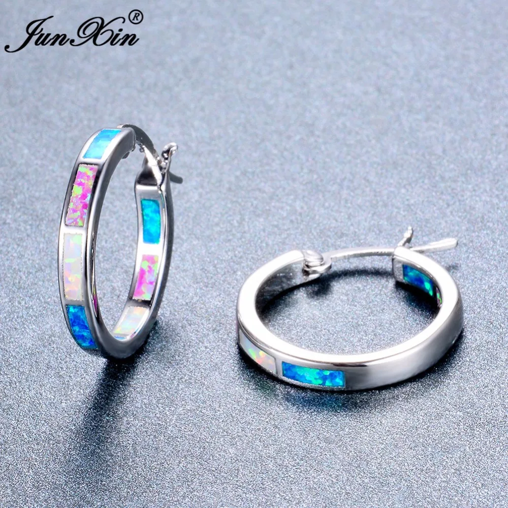JUNXIN Boho, женские круглые серьги с огненным опалом, 925 пробы, серебряные серьги-кольца для женщин, модные ювелирные изделия, Двойные серьги