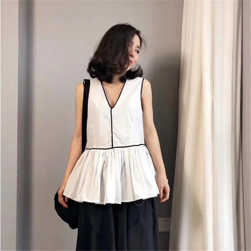 

Women V-neck Ruffles Casual Tops Office Lady Solid Spliced Thin Cotton Linen Tanks Vestido Plus Size Women Tops M-7XL
