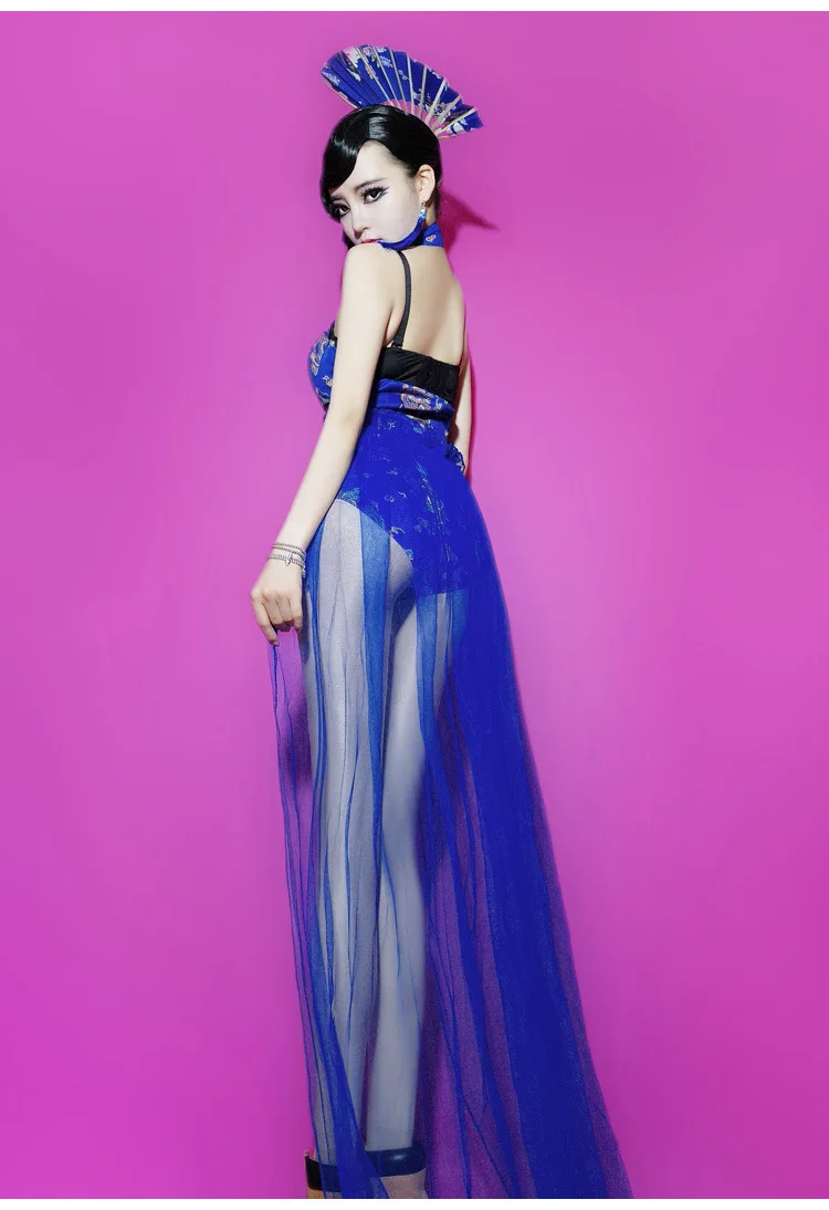 Новинка, Женский костюм в винтажном стиле синего цвета; с принтом костюм Cheongsam Дракон DS вечерние DJ для пения, танцев в сеточку Одежда для сценических выступлений