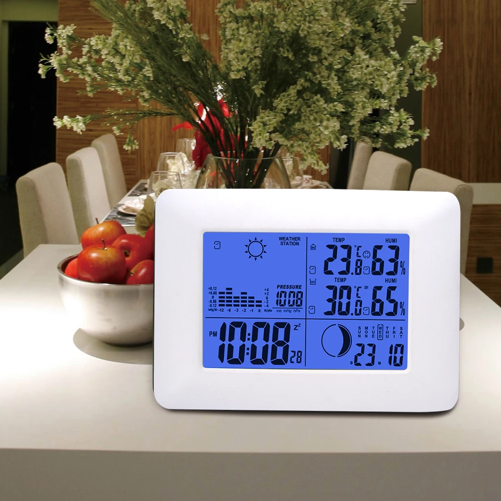 2017 DYKIE белые РЧ цифровые часы Беспроводная метеостанция с синим термометр