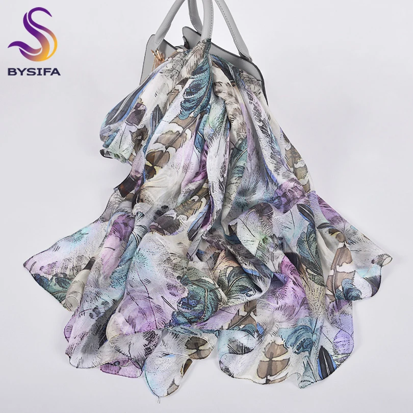 Женский Длинный пляжный шарф BYSIFA фиолетовый или серый из 100% чистого шелка