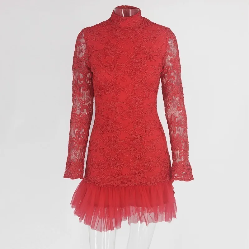 DAK358Red Justchicc элегантное кружевное летнее платье для женщин с вышивкой и оборками, вечерние платья с высокой талией, винтажное Клубное сексуальное мини-платье с круглым вырезом - Цвет: DAK358Red