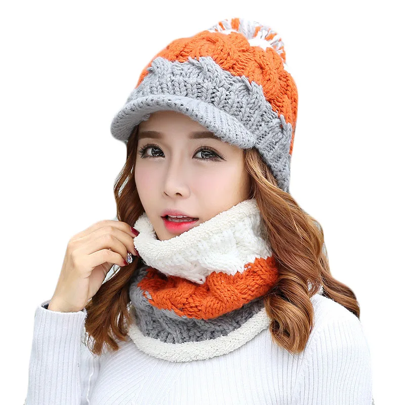 Модные женские осенне-зимние комплекты с шапкой и шарфом вязаные уплотненные