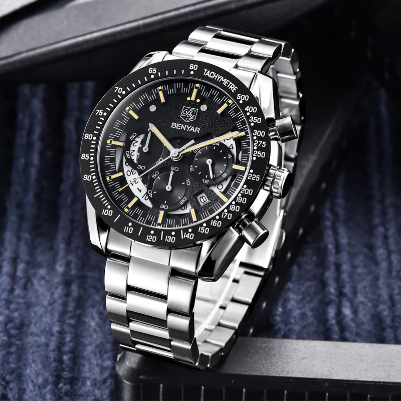 Мужские часы BENYAR роскошные стальные деловые кварцевые мужские повседневные