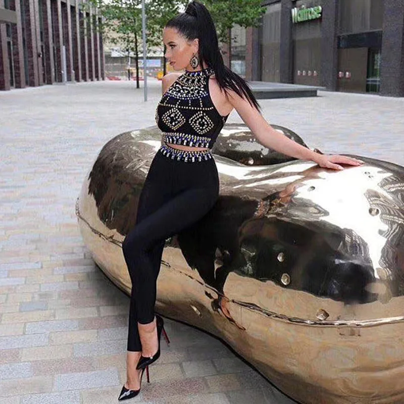 Женский комбинезон короткий топ без рукавов длинные штаны 2 шт.|2 piece set jumpsuit|long pant