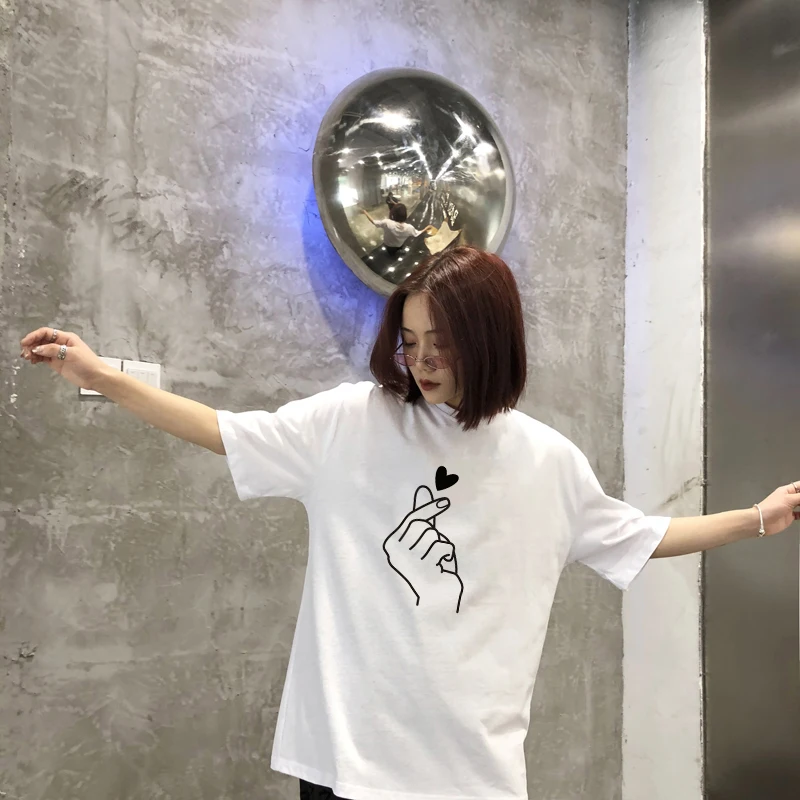 Корейская Летняя женская футболка с короткими рукавами в форме сердца милая