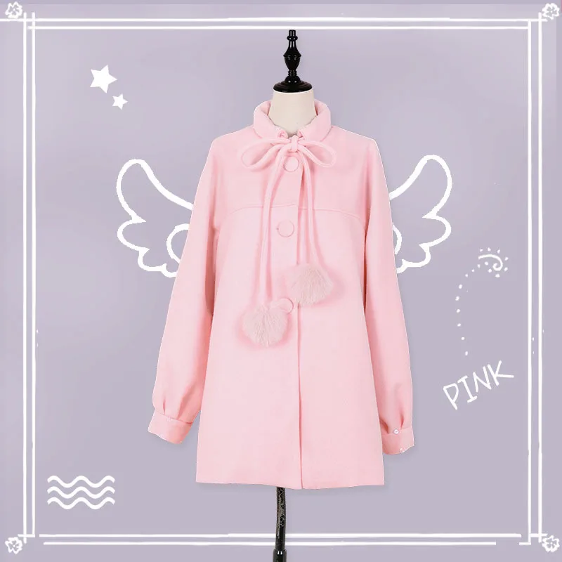 Coat No Fur Trim Пальто мечты для милых девочек, милое зимнее шерстяное пальто с длинными рукавами длинная верхняя одежда, отделка из лисьего меха, высокое качество, роскошный кавайный розовый цвет - Цвет: Coat No Fur Trim