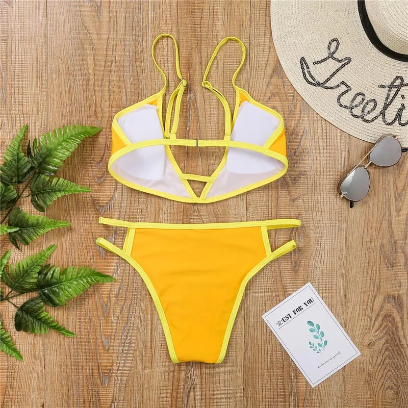 Сексуальный купальный костюм с высоким вырезом женское однотонное бикини