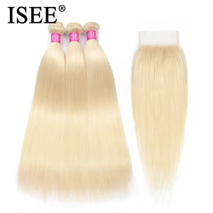 613 прямые пряди с закрытием 3 пряди ISEE волосы малазийские волосы плетение пряди девственные человеческие волосы блонд пряди с закрытием