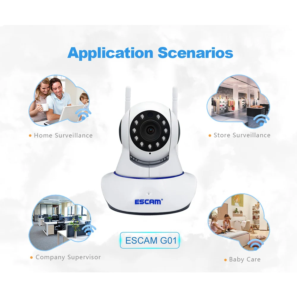 2.0 Мегапиксельная IP-камера ESCAM G01 с двойной антенной, поддерживающая ONVIF, с функцией поворота и наклона, WiFi, 1080P, мини-ночное видение IR.