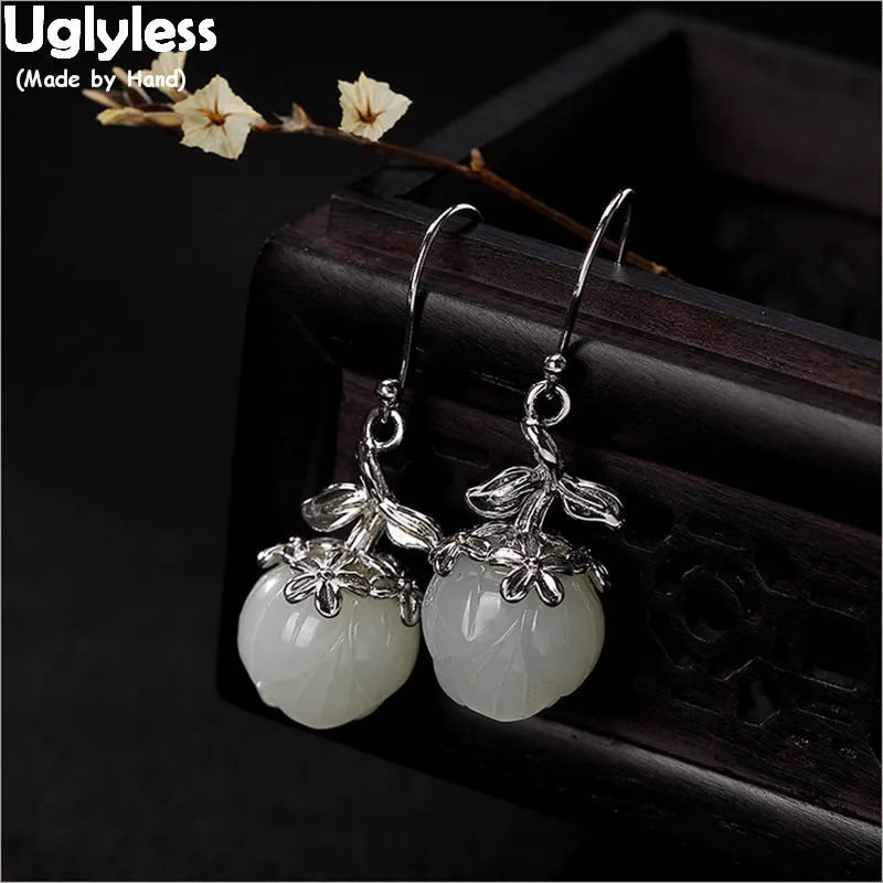 Женские серьги-листья из серебра 100% пробы с натуральным белым нефритом |