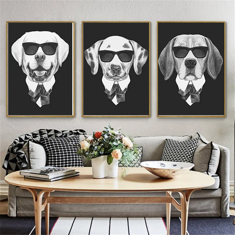 HAOCHU Dark Glasses Suit Dog Black Painting Modern Realistic Animal House Decor Wall Art Poster Canvas Sitting Badroom Corridor | Дом и сад