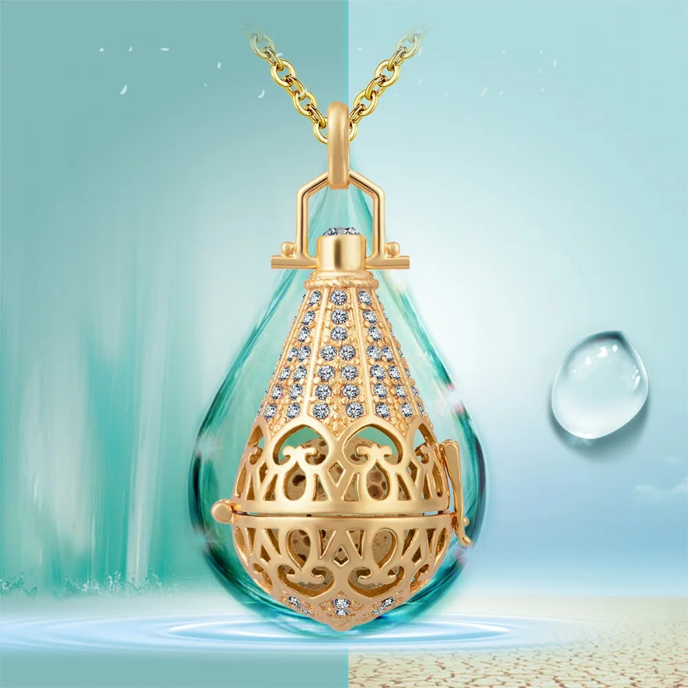 EUDORA Copper Plated Gold Water Drop Pendant Necklace 16mm Crystal Locket Cage with Volcanic Lava Stone Ball Women K113G | Украшения и