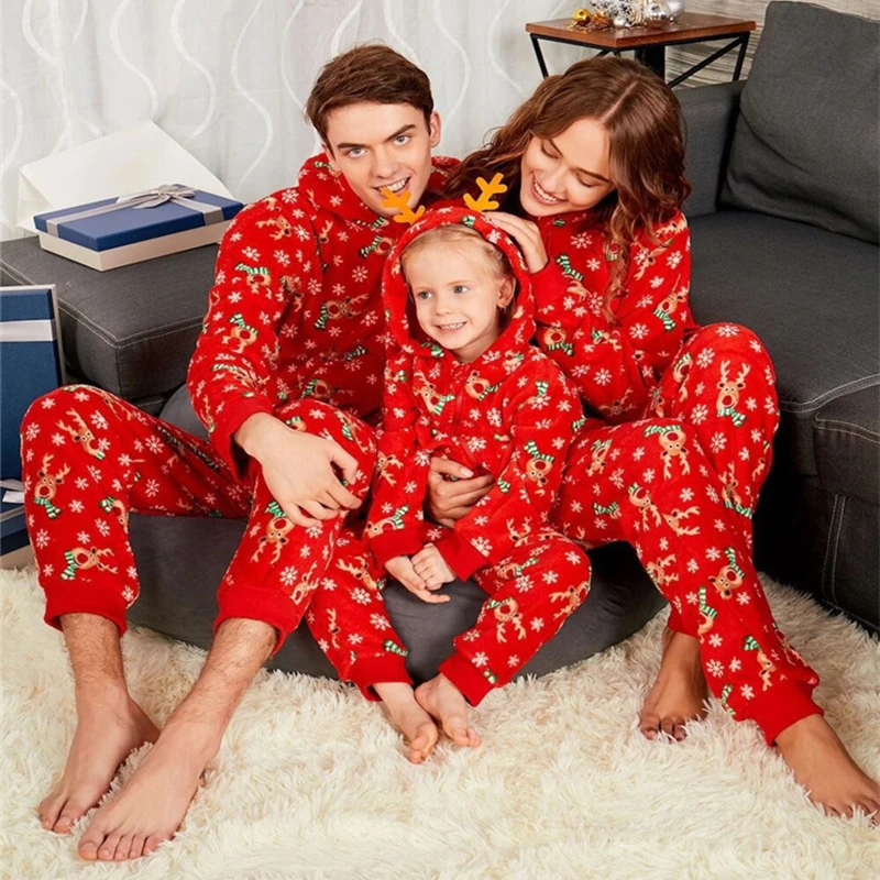 

Family Matching Outfits Christmas Family Pajamas Set Women Men Kids Elk Print Hooded Sleepwear Jumpsuit Home Clothes