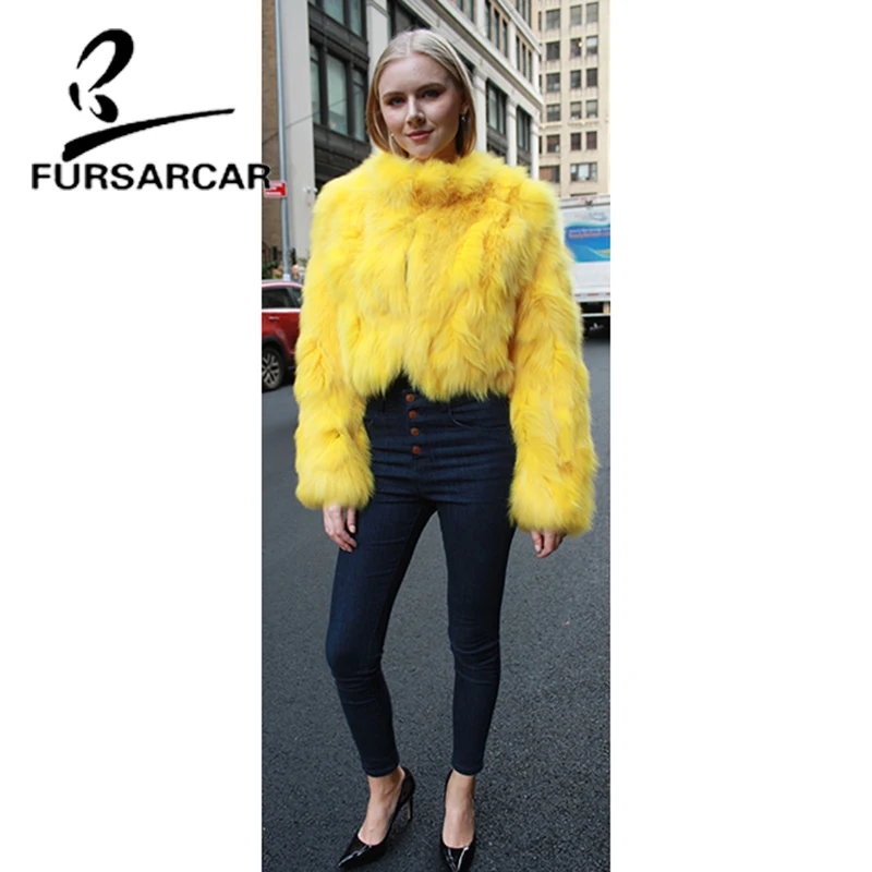 FURSARCAR короткие Стиль натуральный мех пальто для Для женщин Новинка зимы лиса Меховая куртка с круглым вырезом из натуральной кожи роскошные меховые пальто