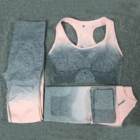 Dark Gray Pink Комплект из 3 предметов для йоги, спортивный бюстгальтер с эффектом омбре, бесшовные леггинсы с высокой талией, укороченный Топ с длинным рукавом, женская одежда для бега, тренажерного зала, спортивный костюм для фитнеса - Цвет: Dark Gray Pink