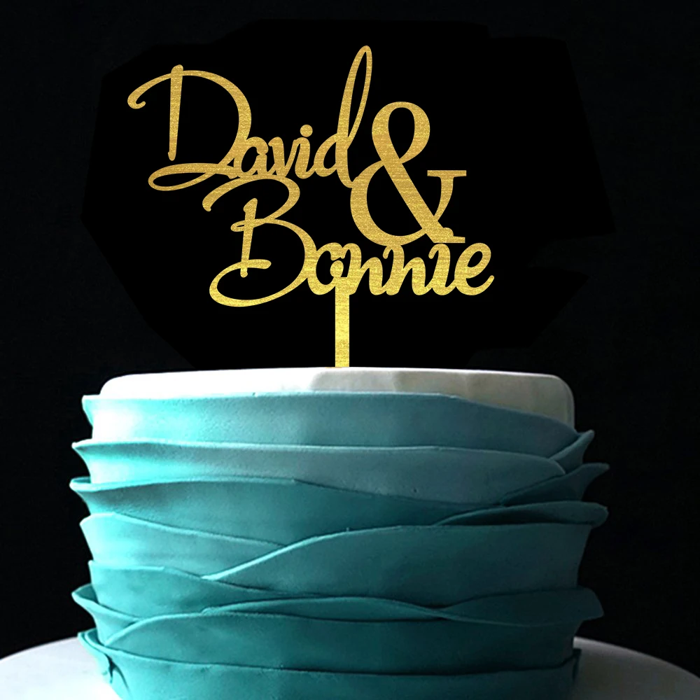 

Golden Cake Topper Custom Calligraphy Couple Name Wedding Cake Topper for Engagement Party Wooden Cake Toppers