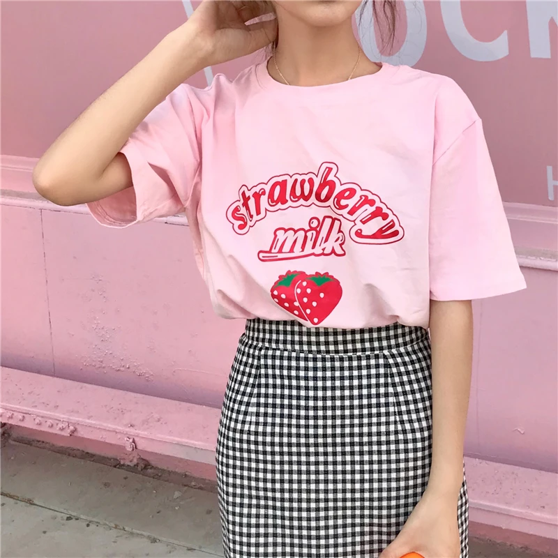 Harajuku каваи клубничное молоко футболка Топы женские летние оверсайз SX-XXL розовая футболка одежда школьницы уличная Tumblr