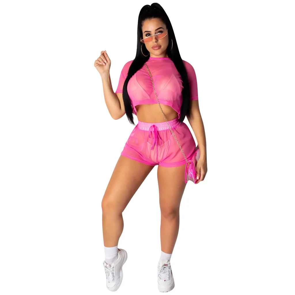 6282 Спортивный Повседневный сетчатый комплект сексуальный короткий топ с круглым