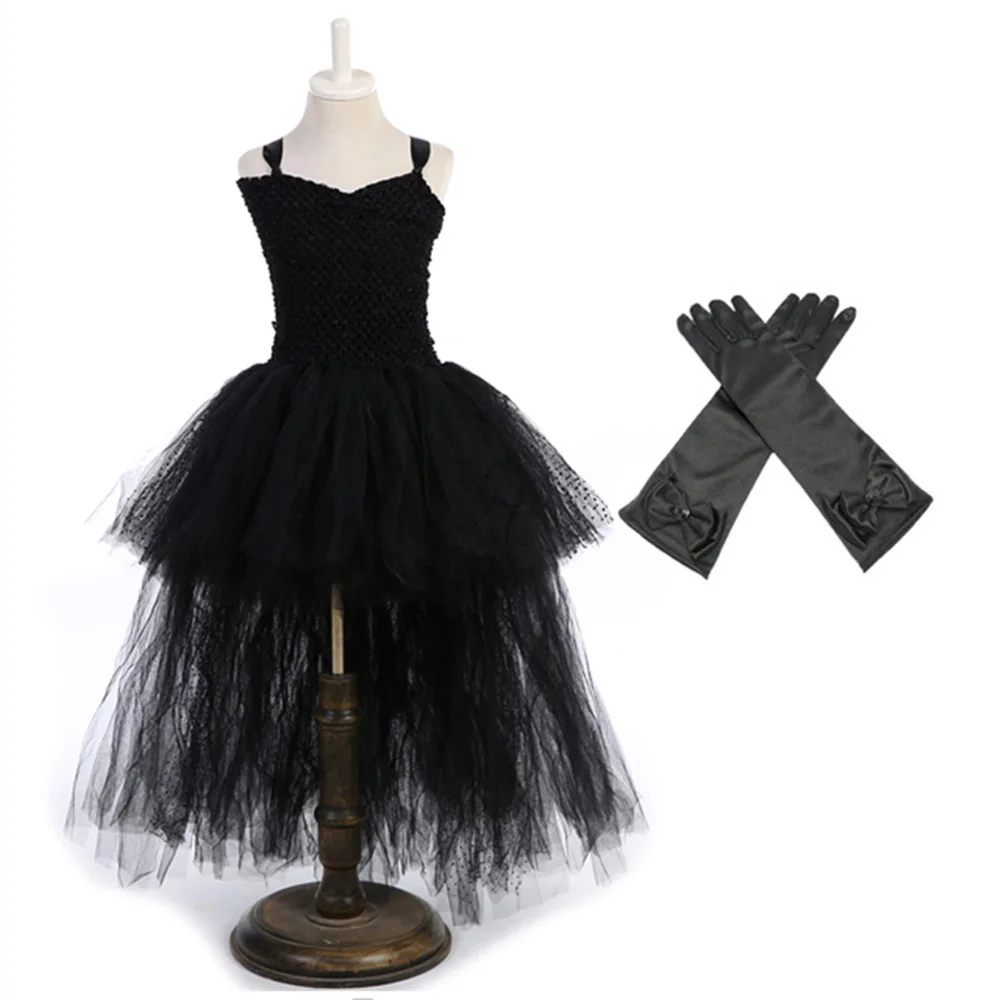 Girls Dress Set Танцевальные костюмы с v-образным вырезом для девочек, с перчатками, платье-пачка из тюля в черный горошек без рукавов для девочек, одежда ведьмы на Хэллоуин - Цвет: Girls Dress Set