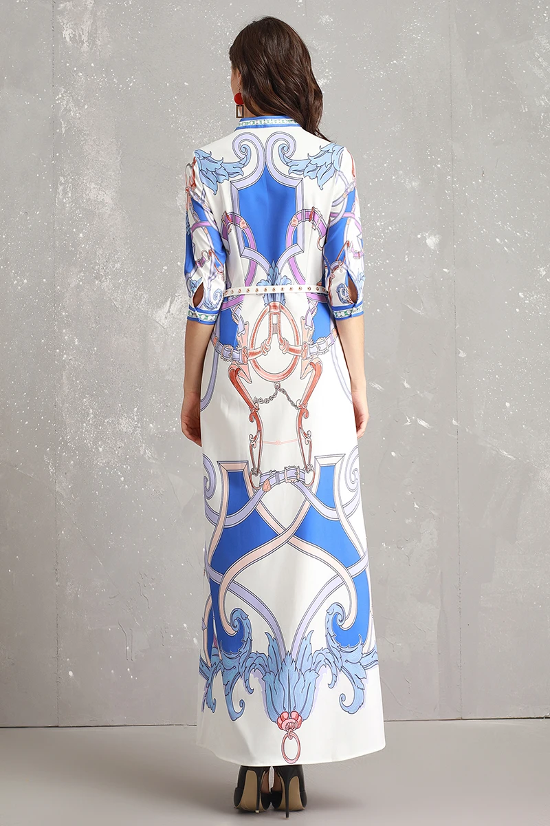 

2019 Spring Maxi Dress New Arrival Casual O-Neck Loose Full Sleeve Flower Elegant Floor-Length Long Dress Women With Belt