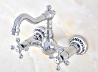 polished chrome brass wall mount bathroom basin kitchen sink faucet swivel spout mixer tap dual cross handles levers anf579