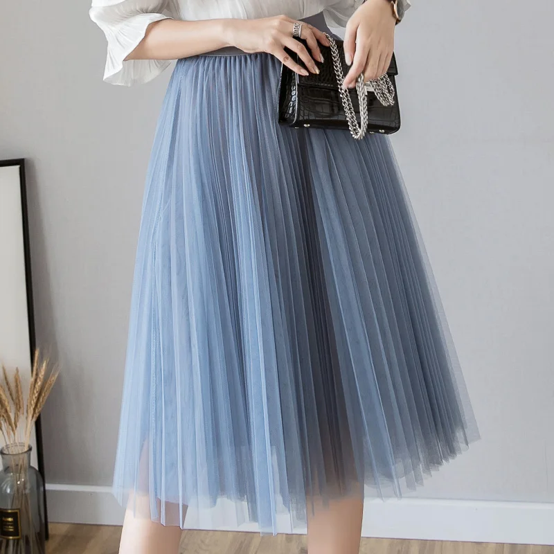 Light Blue Aonibeier, летние повседневные юбки миди, Женская плиссированная юбка, черная сексуальная Тюлевая юбка, Женская Корейская эластичная юбка-пачка с высокой талией - Цвет: Light Blue