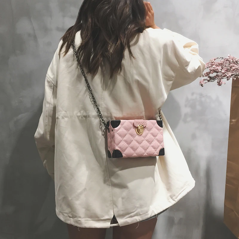 Simple Rhombic Design Buckle Fashion Pu Leather Box Style Women's Clutch Bag Chain Purse Shoulder Handbag Mini Messenger | Багаж и