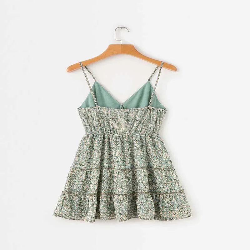 New Sleeveless Sling Dress small fresh broken flowers V neck Chiffon mid-length dress Popular beach Women 2019 Summer | Женская одежда