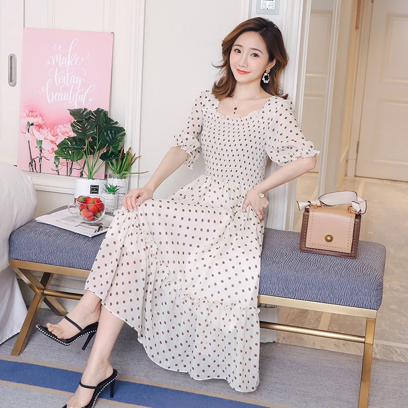 Шифоновое платье для беременных милое миди в горошек с короткими рукавами и