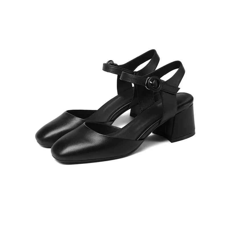 Women Closed toe Sandals Genuine Leather Square Heel High Heels Gladiator Cow Sandalias Mujer 2019 | Обувь