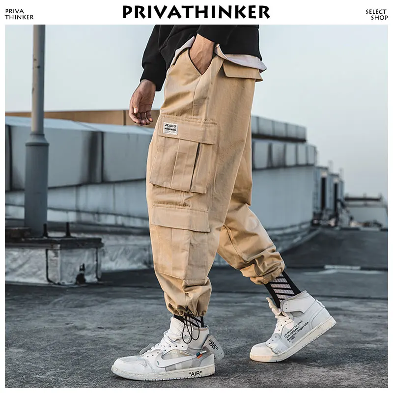 Брюки карго Privathinker черные с карманами для мужчин 2020 Японская уличная